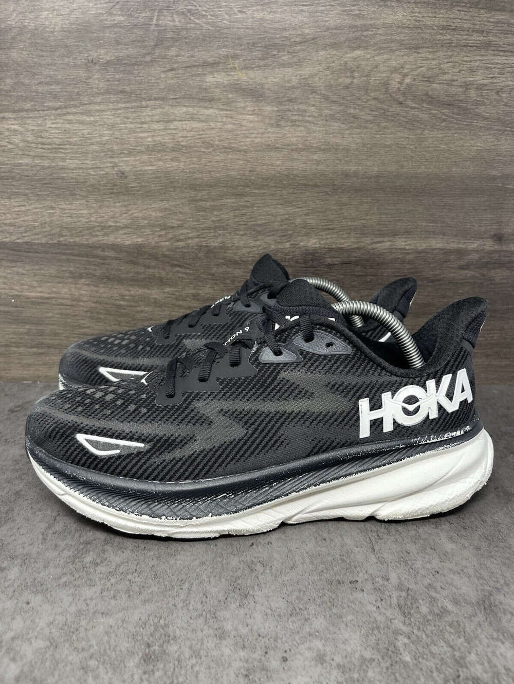 HOKA Clifton 9 Womens Size 10 Black White Cushioned Running Walking Shoes